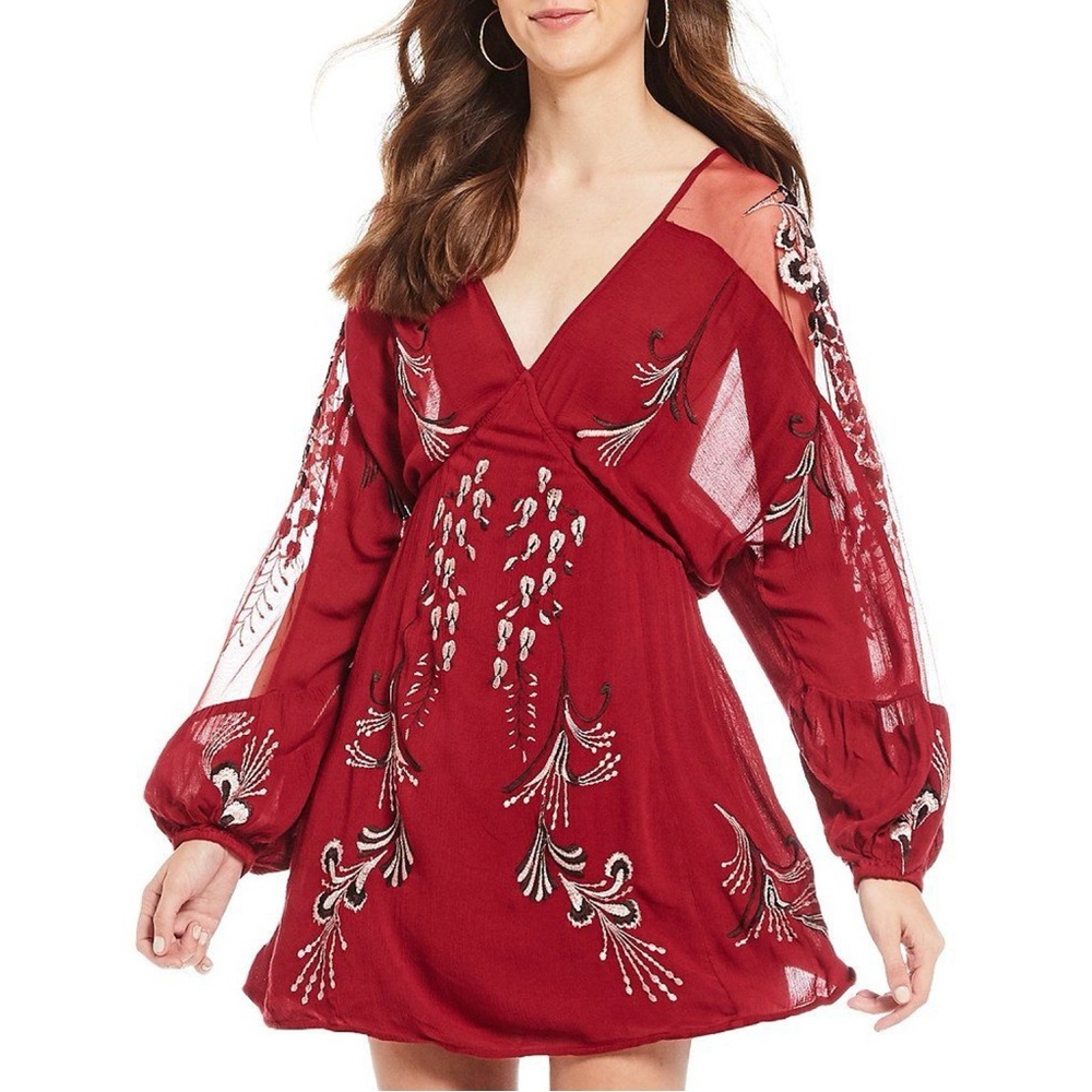 FREE PEOPLE Elegant Red Embroidered Dress, Size XS - Picture 12 of 12